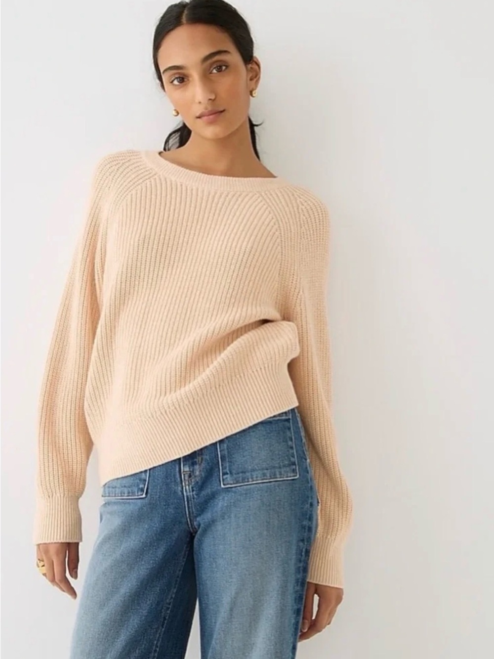 J Crew Wms Cotton Fisherman Crew Neck Sweater In Raw Cashew L